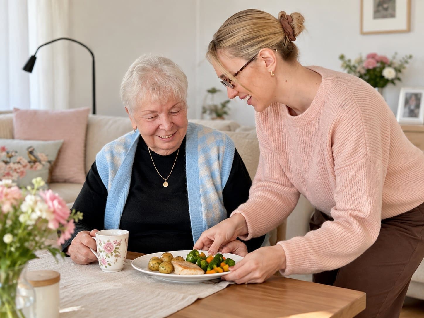 Betreuungskraft serviert einer Seniorin ein warmes Mittagessen