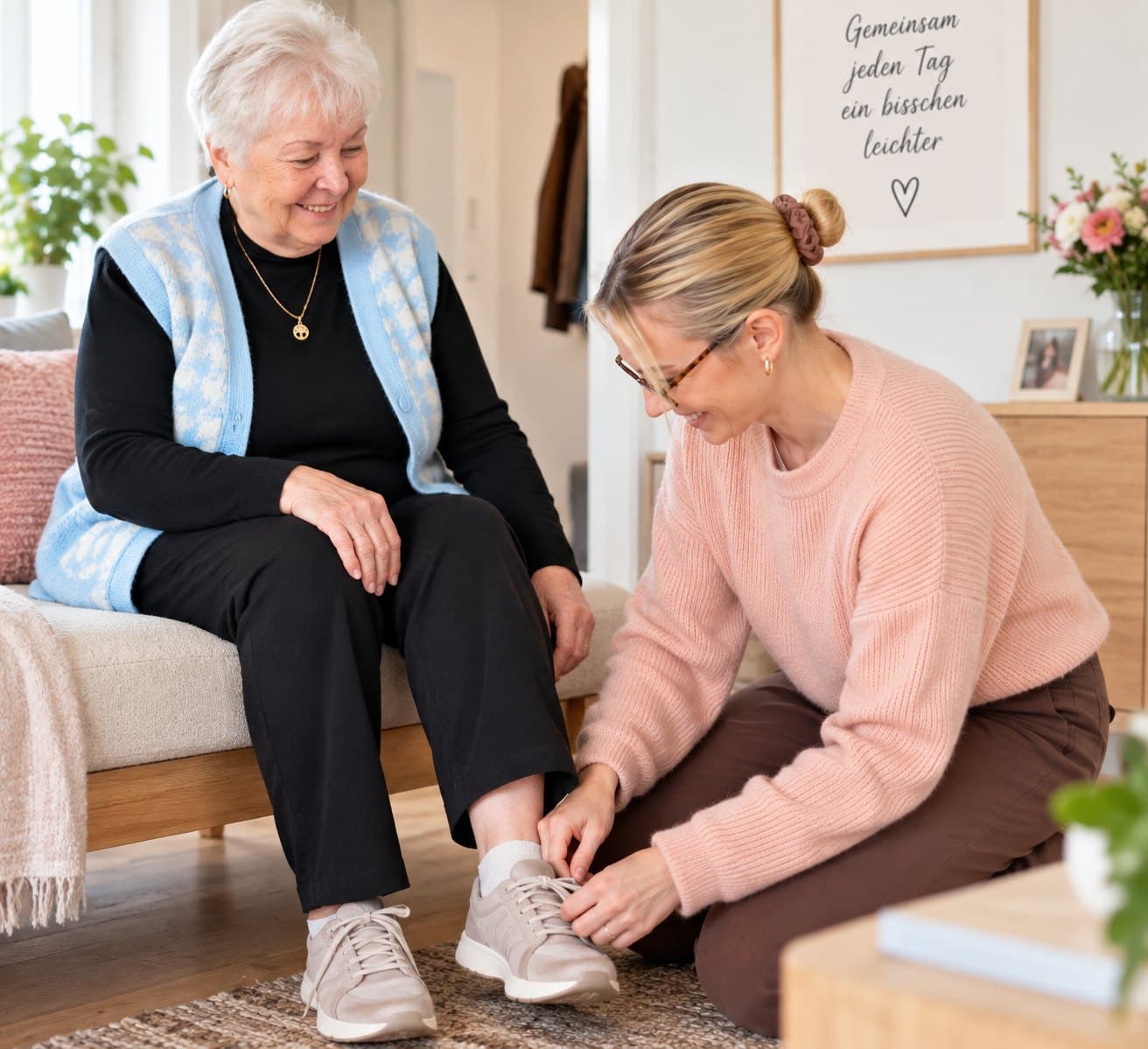 Betreuungskraft hilft einer Seniorin im Wohnzimmer beim Schuhebinden