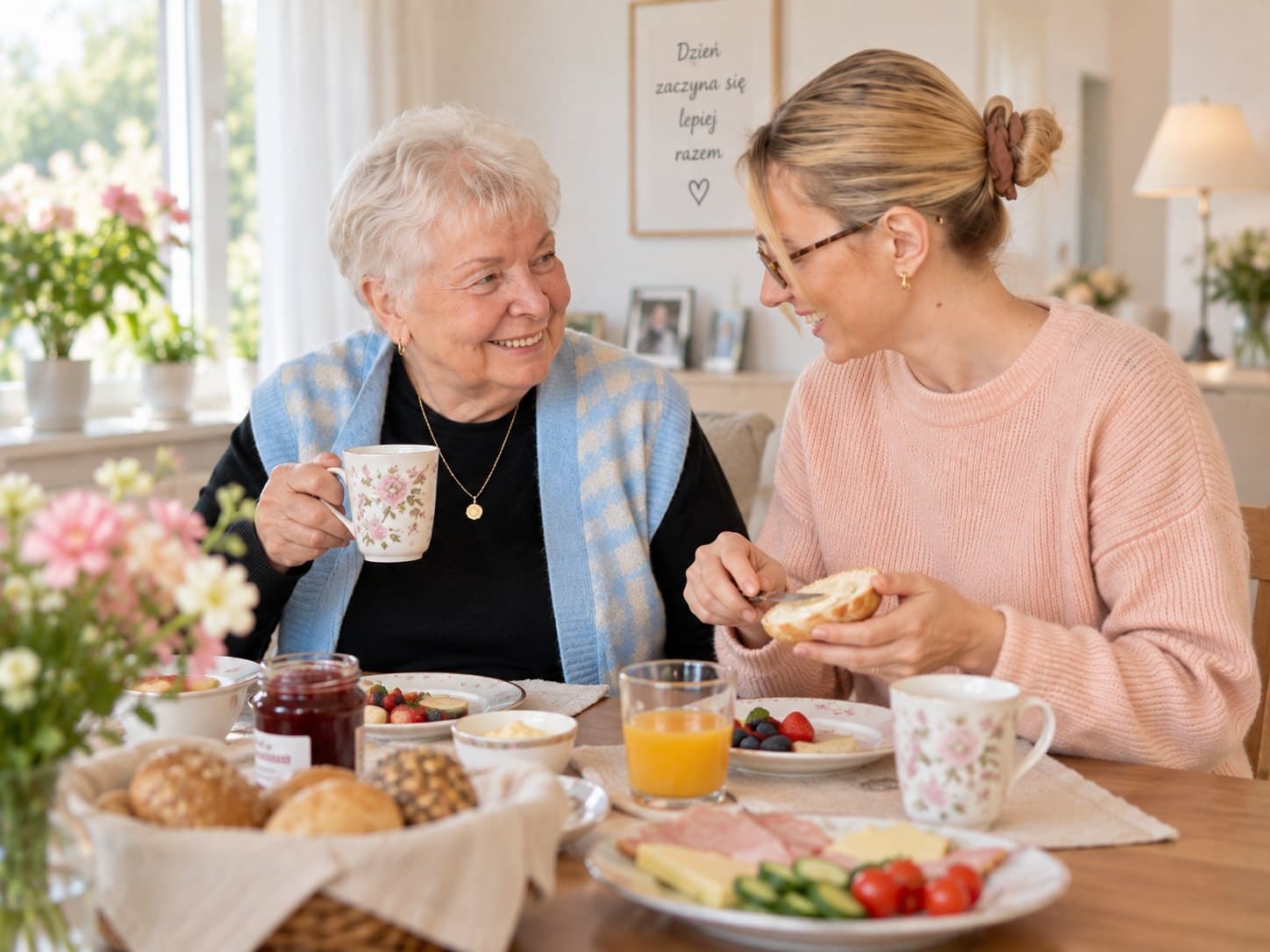 Seniorin und Betreuungskraft lachen gemeinsam am Frühstückstisch