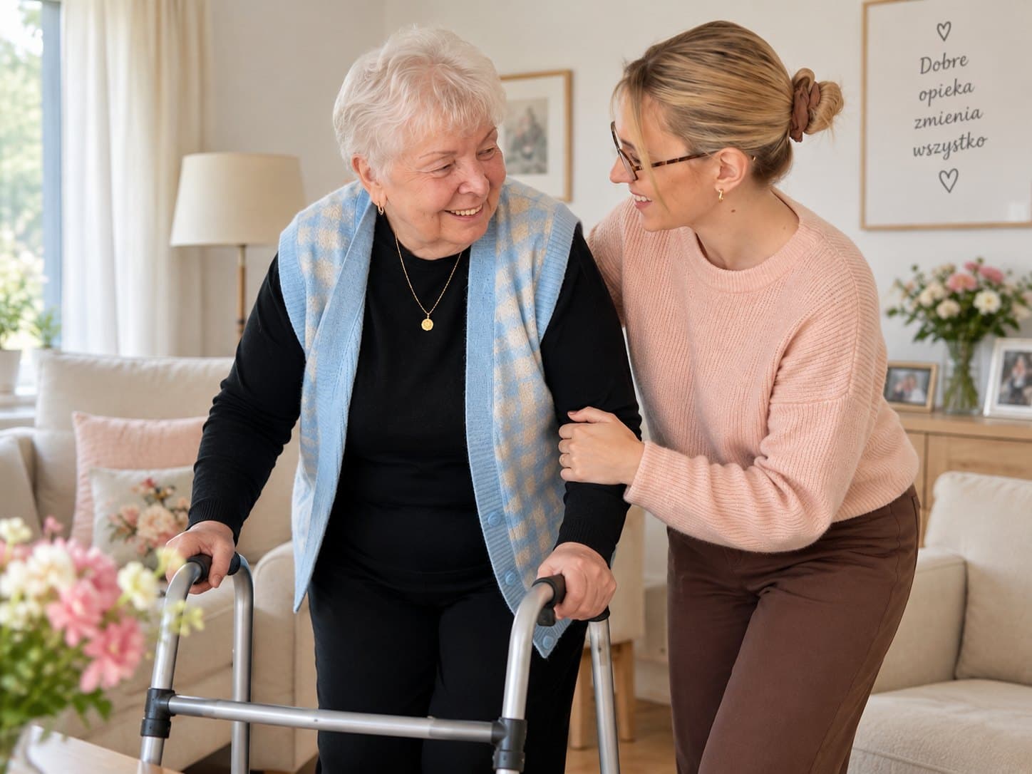 Betreuungskraft begleitet eine Seniorin mit Rollator durch die Wohnung