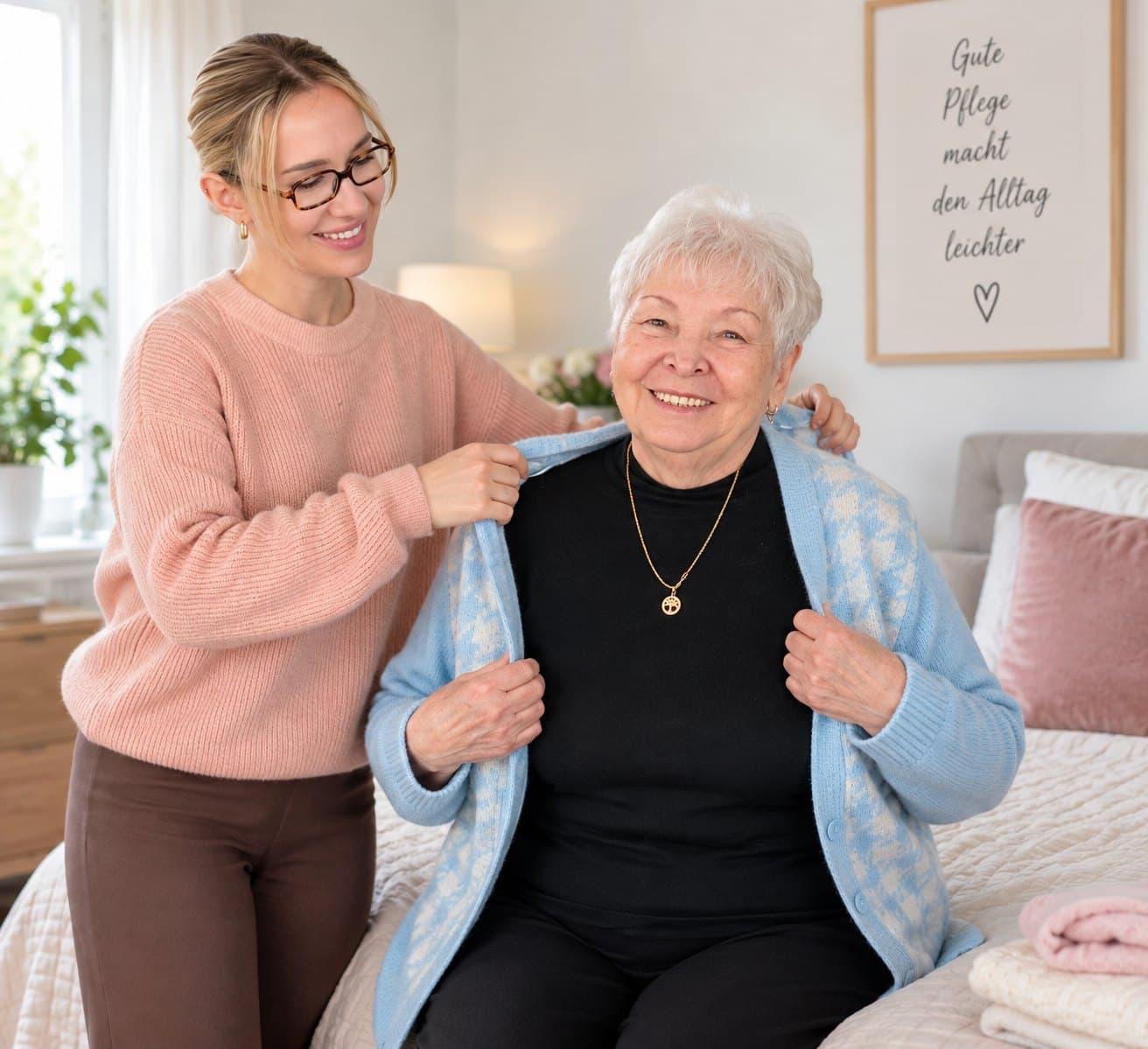 Betreuungskraft hilft einer Seniorin in die Strickjacke