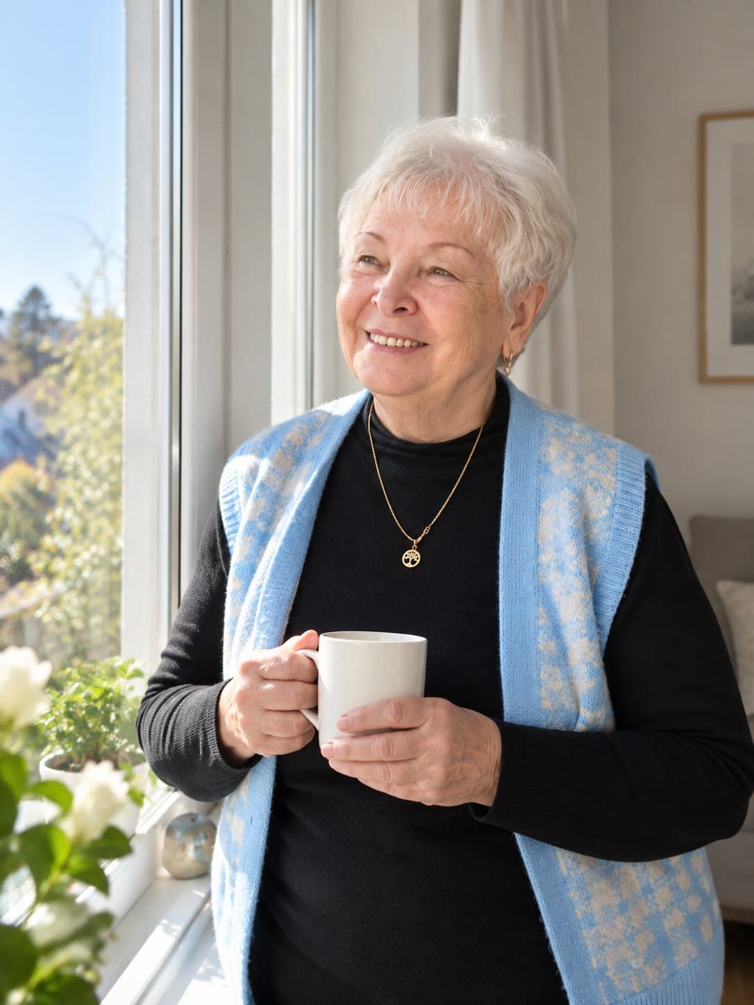 Seniorin mit Tasse am sonnigen Fenster ihrer Wohnung