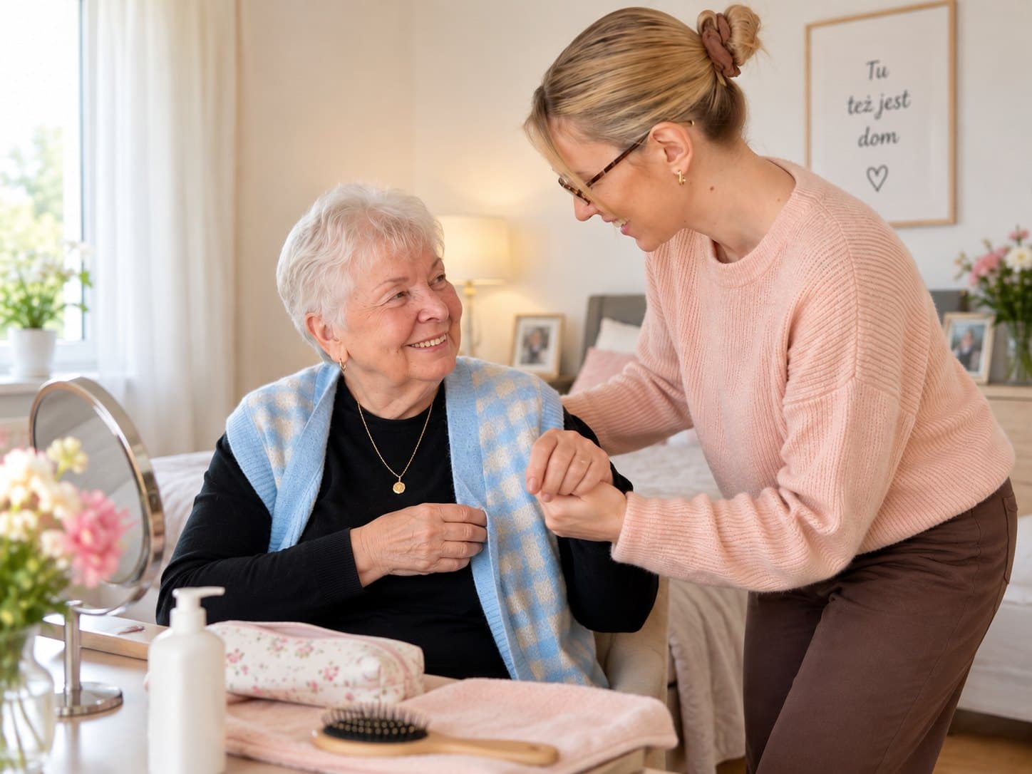 Betreuungskraft hilft einer Seniorin beim Anziehen